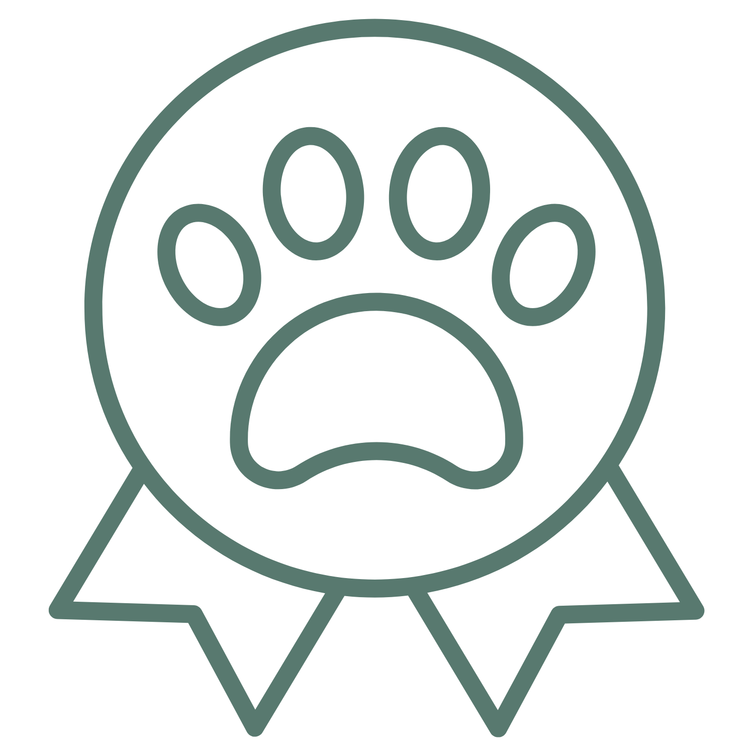 A circular badge with a paw print in the center and two ribbon tails at the bottom, outlined in green—perfect for celebrating mini poodle puppies.