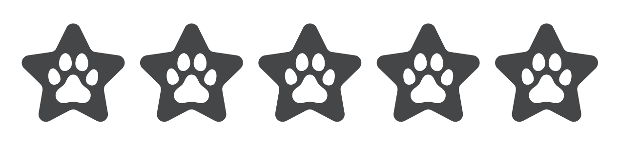 5 paw star grooming - Mini Poodle Puppies For Sale in Utah Five solid dark star icons, each with a paw print in the center, arranged in a horizontal row on a light background—perfect for showcasing top-rated mini red poodle puppies from a reputable poodle puppies Utah breeder.