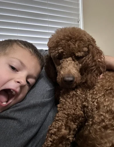 A young boy smiling with his mouth open takes a close-up selfie next to a relaxed, curly-haired mini poodle puppy. They are sitting indoors near a window with white blinds, capturing the joy of puppies in Utah homes.